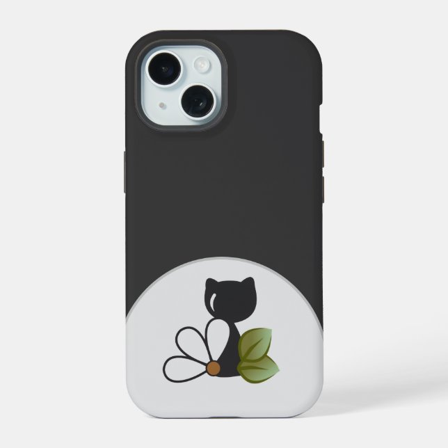 Cute Black Cat and flower – Personalised iPhone 15 Case (Back)