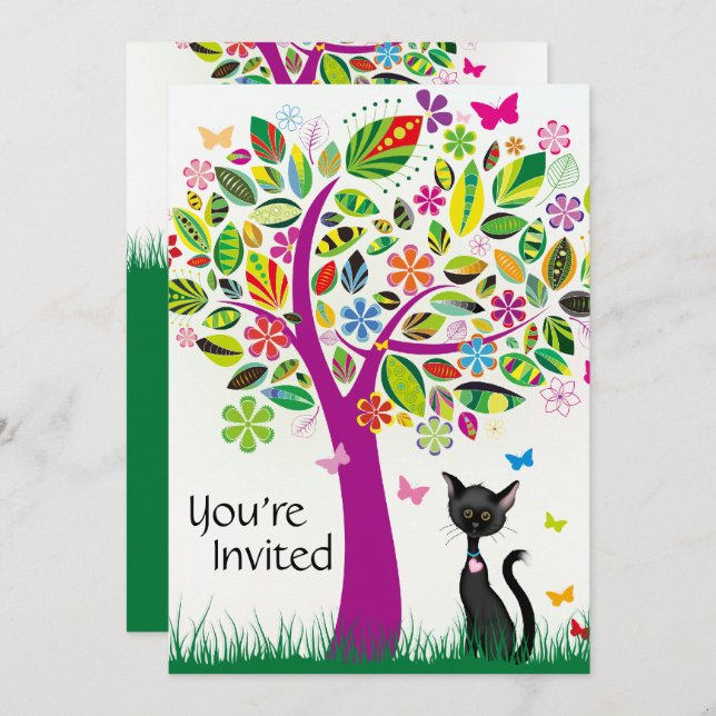 Cute Black Cat and Flower Tree Birthday Invitation (Front/Back)