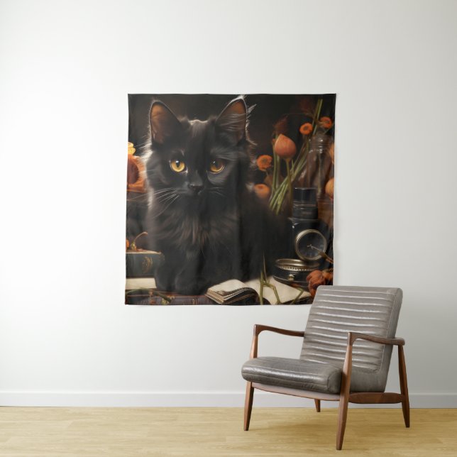 Cute Black Cat and Flowers Tapestry (In Situ)