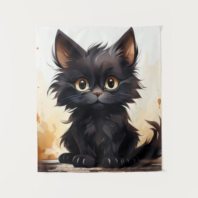 Cute Black Cat and Flowers Tapestry (Front)
