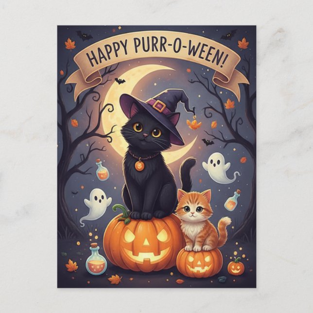 Cute Black Cat and Kitten on Pumpkins Halloween  Holiday Postcard (Front)