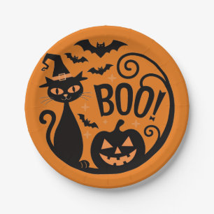 Cute Black Cat and Pumpkin Halloween Party Paper Plate