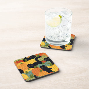 Cute Black Cat and Pumpkin Halloween Seamless Coaster