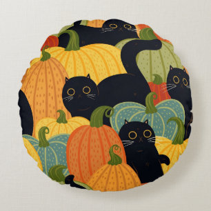 Cute Black Cat and Pumpkin Halloween Seamless Round Cushion