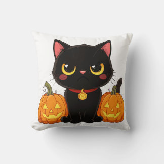 Cute Black Cat and Pumpkins Halloween Cushion