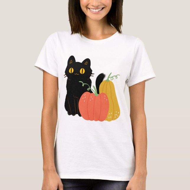 Cute Black cat and Pumpkins T-Shirt (Front)