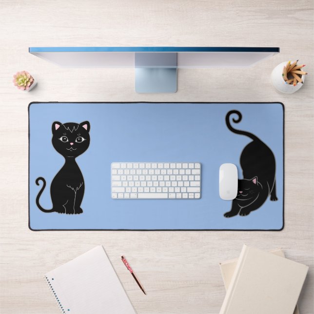 Cute Black Cat Animes on Light Blue Desk Mat (Office 1)