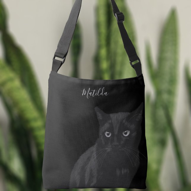 Cute Black Cat Art Personalised Crossbody Bag (A black cat on a black bag? Yes! Just add your name)