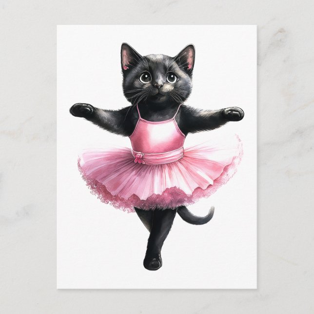 Cute black cat ballerina dancing ballet holiday postcard (Front)