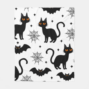 Cute Black Cat, Bat & Spider Web Seamless Pattern  Fleece Blanket