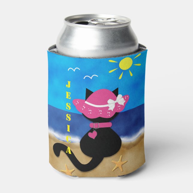 Cute Black Cat Beach Theme Pink Bonnet Can Cooler (Can Front)