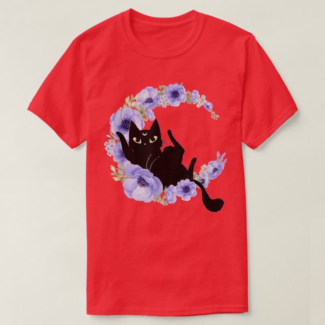 Cute Black Cat Blue Flower Crescent Moon Luna Cele T-Shirt (Design Front)