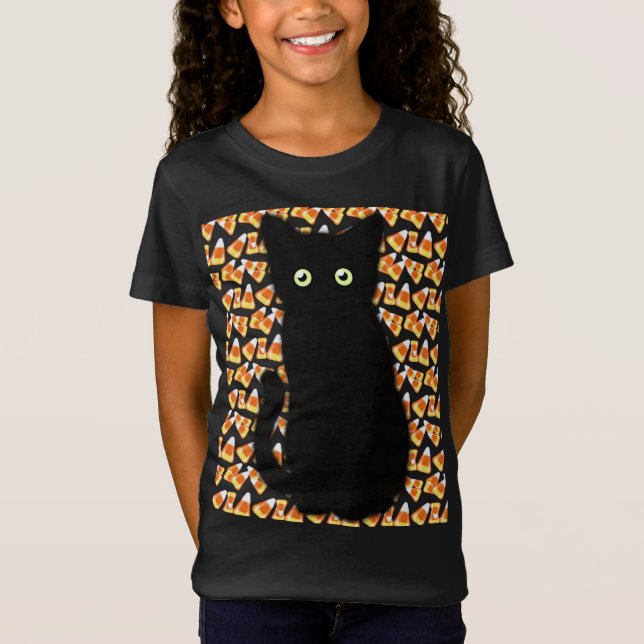 Cute Black cat  Candy corn pattern Halloween fun T-Shirt (Front)