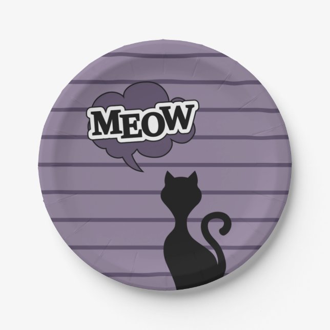 Cute black cat cartoon says meow paper plate (Front)