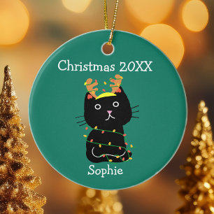 Cute Black Cat Christmas Drawing Monogram Green Ceramic Tree Decoration