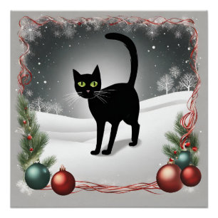 Cute Black Cat Christmas Illustration Poster