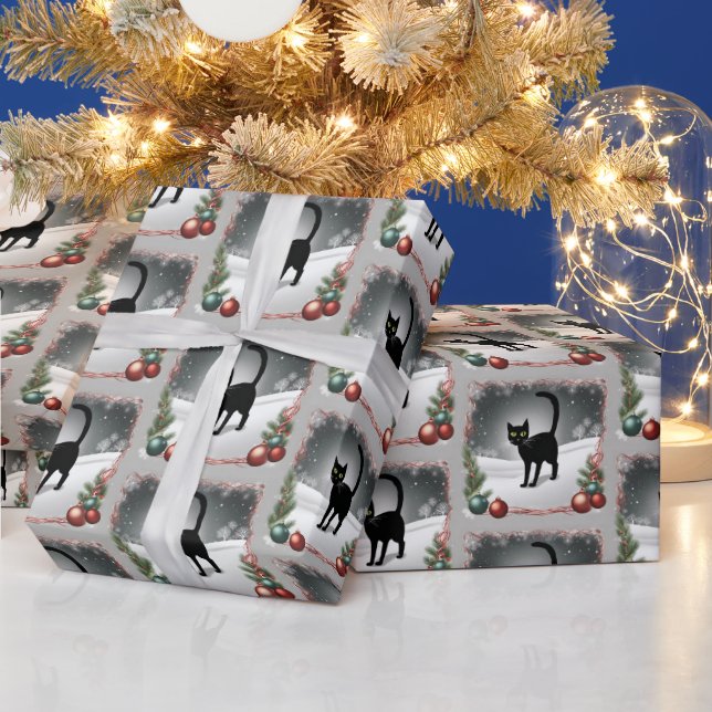 Cute Black Cat Christmas Illustration  Wrapping Paper (Holidays)
