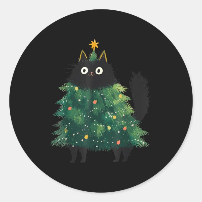 Cute Black Cat Christmas Tree Funny Kitten Lover X Classic Round Sticker (Front)