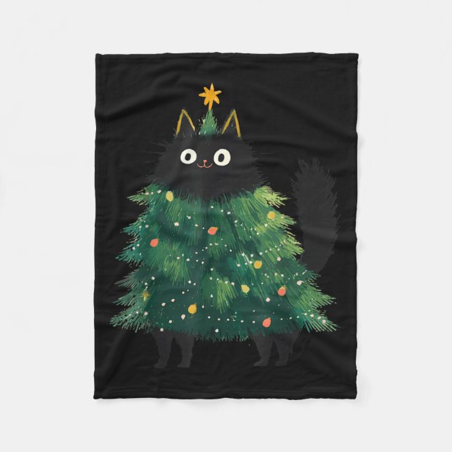 Cute Black Cat Christmas Tree Funny Kitten Lover X Fleece Blanket (Front)