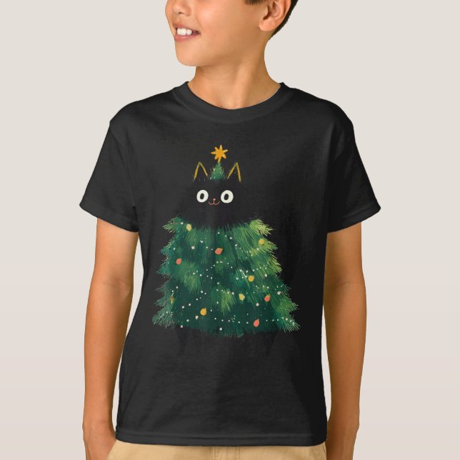 Cute Black Cat Christmas Tree Funny Kitten Lover X T-Shirt (Front)