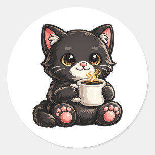 Cute Black Cat Coffee – Cozy Kawaii Cat Illustrati Classic Round Sticker