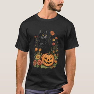 Cute Black Cat Cottagecore Flower Fall Pumpkin Hal T-Shirt