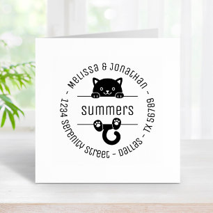 Cute Black Cat Couple Family Round Address 2 Rubber Stamp