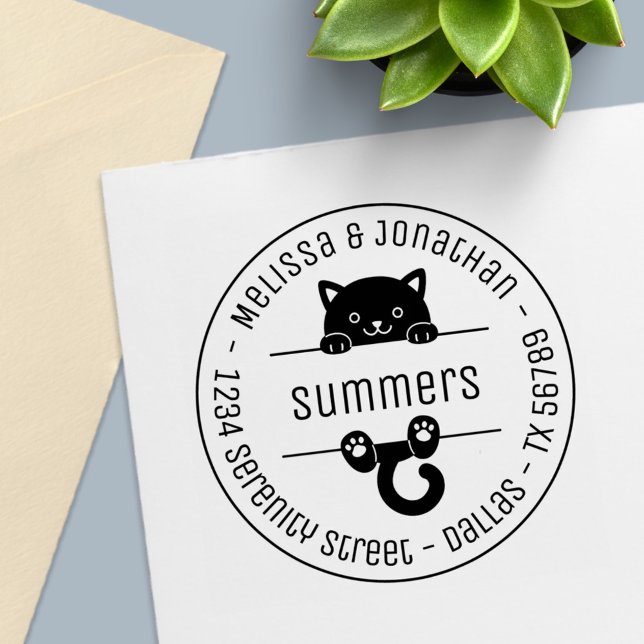 Cute Black Cat Couple Family Round Address Self-inking Stamp (Creator Uploaded)