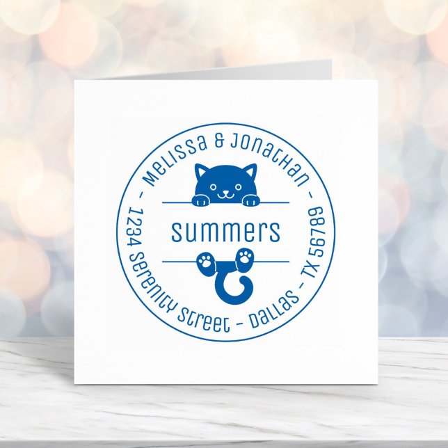 Cute Black Cat Couple Family Round Address Self-inking Stamp (Creator Uploaded)