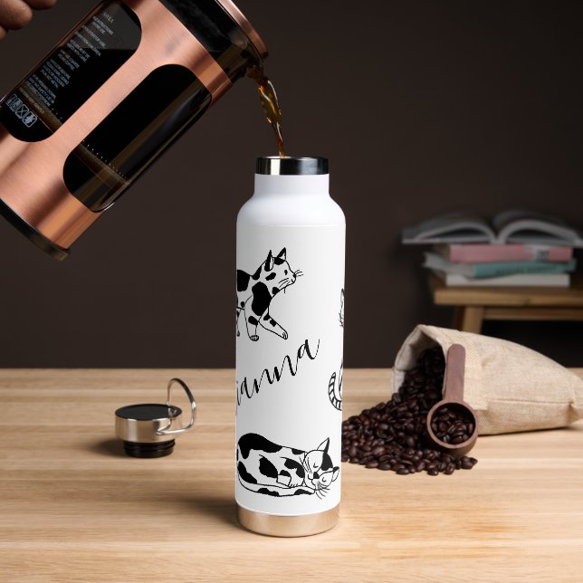 Cute Black Cat Custom Name Modern Minimalism Water Bottle (Coffee)