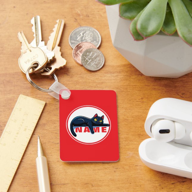 Cute Black Cat Custom Name Red Acrylic Keychain (Desk)