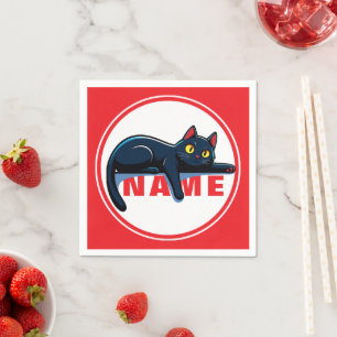 Cute Black Cat Custom Name Red Paper Napkins