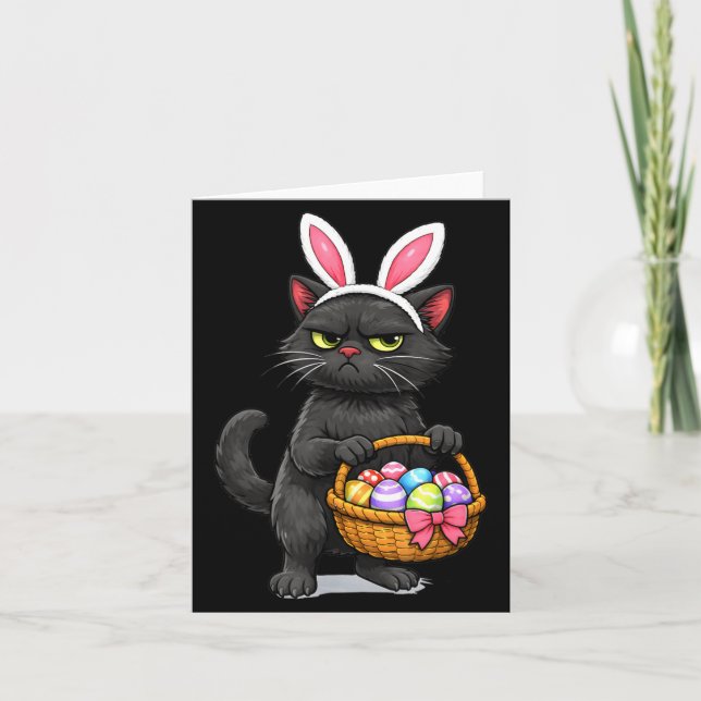 Cute Black Cat Dressed Easter Bunny Funny Rabbit Card (Front)