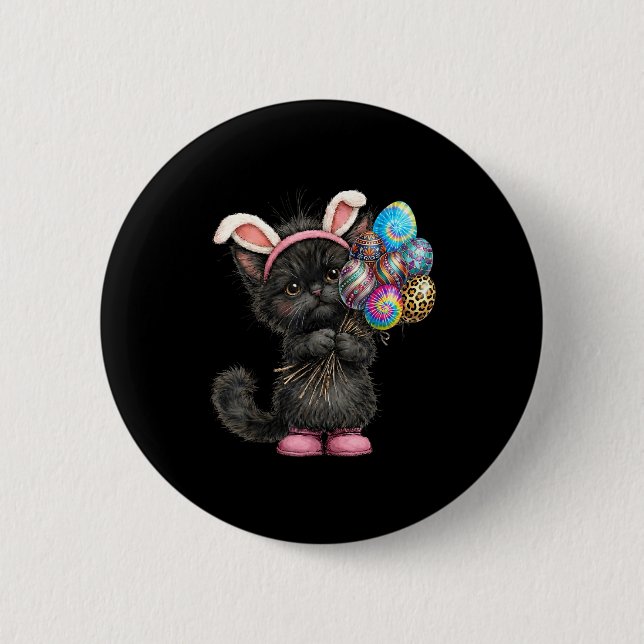 Cute Black Cat Easter Bunny Ears Eggs Easter Day W 6 Cm Round Badge (Front)