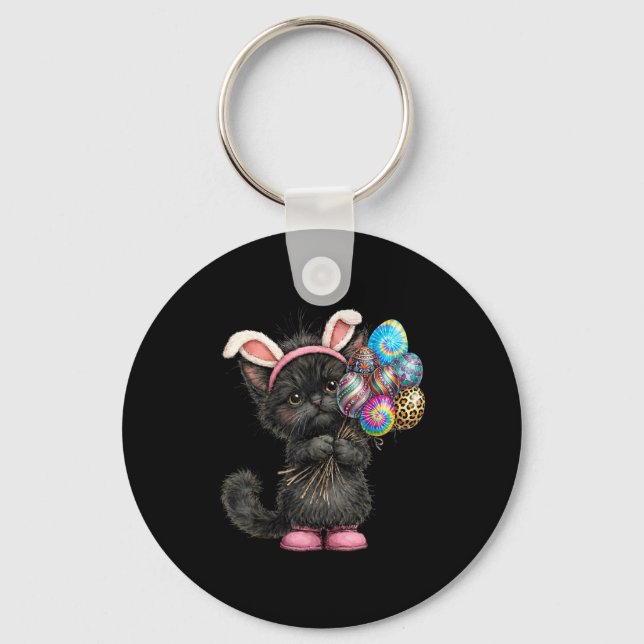Cute Black Cat Easter Bunny Ears Eggs Easter Day W Key Ring (Front)