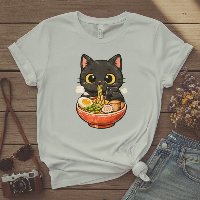 Cute Black Cat Eating Ramen & Texting T-Shirt (Creator Uploaded)