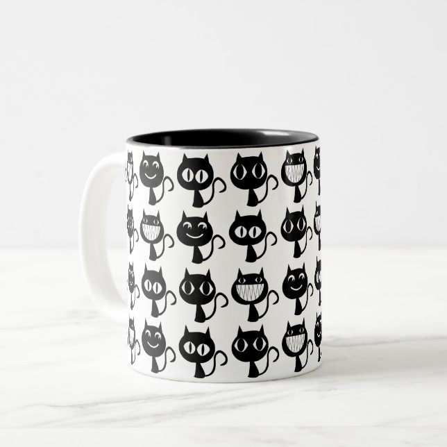 Cute Black Cat Expressions Pattern Two-Tone Coffee Mug (Front Left)
