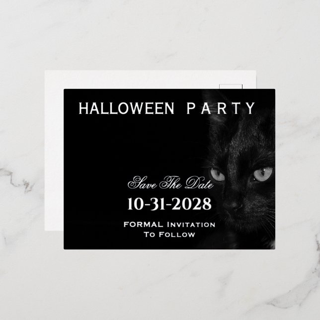 Cute Black Cat Eyes Save The Date Party Halloween  Foil Holiday Postcard (Front/Back)