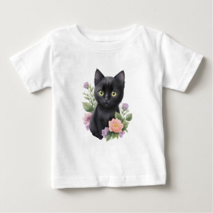 Cute Black Cat Floral Whimsical  Baby T-Shirt