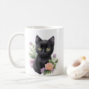 Cute Black Cat Floral Whimsical Coffee Mug