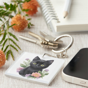 Cute Black Cat Floral Whimsical Key Ring