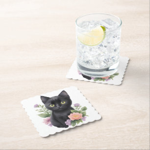 Cute Black Cat Floral Whimsical  Paper Coaster
