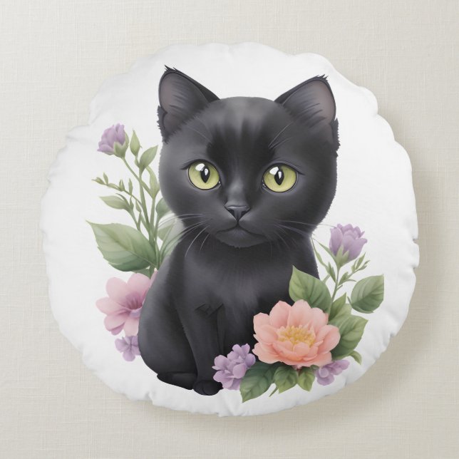 Cute Black Cat Floral Whimsical  Round Cushion (Front)