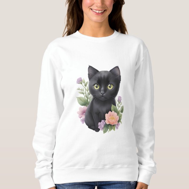 Cute Black Cat Floral Whimsical  Sweatshirt (Front)