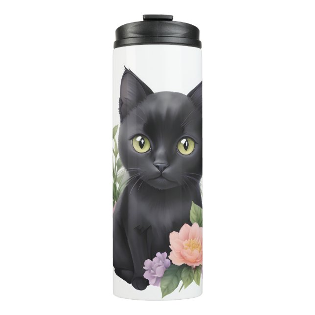 Cute Black Cat Floral Whimsical  Thermal Tumbler (Front)