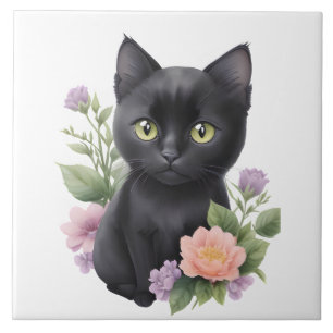 Cute Black Cat Floral Whimsical Tile