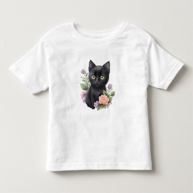 Cute Black Cat Floral Whimsical  Toddler T-Shirt (Front)