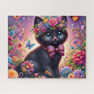 Cute Black Cat Flower Garden Jigsaw Puzzle