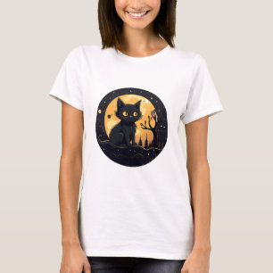 Cute Black Cat Full Moon Modern Halloween T-Shirt