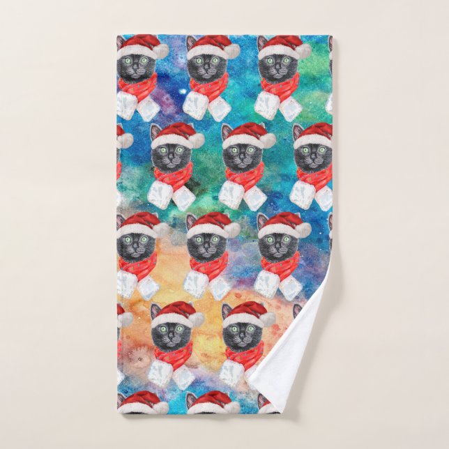Cute Black Cat Funny Christmas Holidays Hand Towel (Hand Towel)